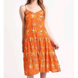 Oliphant Tiered Midi Dress Women L Orange Floral V-Neck Spaghetti Strap Cotton
